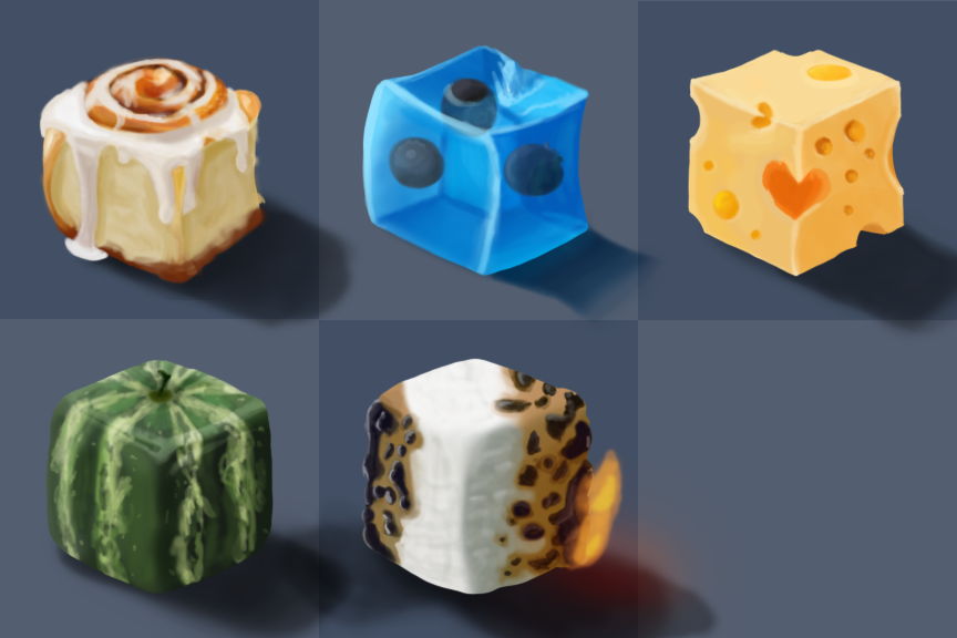 Digital Painting of five material cubes, from left to right: A Cinnamon Bun, blue jello with blueberries inside, Swiss Cheese, Cubed Watermlon, and Marshmallow, partially on burnt and on fire.